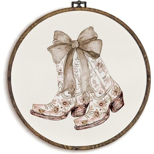 KFXHANGD Beige Cowgirl Bow Round Wall Art Framed, Cowgirls Wall Decor, Vintage Cowgirl Boot Canvas Wall Art Decor, Coquette Cowgirl Hanging Wall Decor for Teen Girls Dorm Room Bathroom, 10x10In