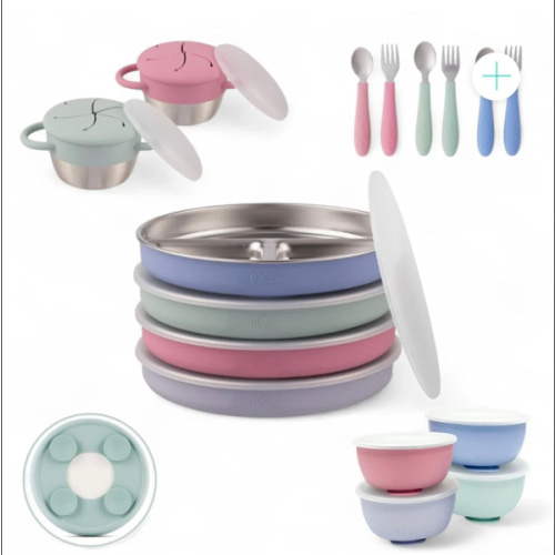 Stainless Steel Mealtime Bundle | Sucton Sleeves | Plates, Bowls, Snack Cups + Toddler Utensils | 16 Pcs | Blush/Lilac/Sage/MistyBlue
