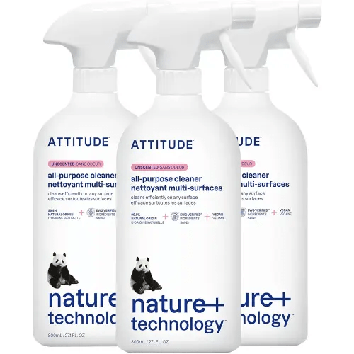 ATTITUDE All Purpose Cleaner Spray, EWG Verified, Vegan, Made with 94% Plant-Based Ingredients, Streak-Free for Kitchen, Bathroom, Glass & More, Unscented, 27.1 Fl Oz (Pack of 3)