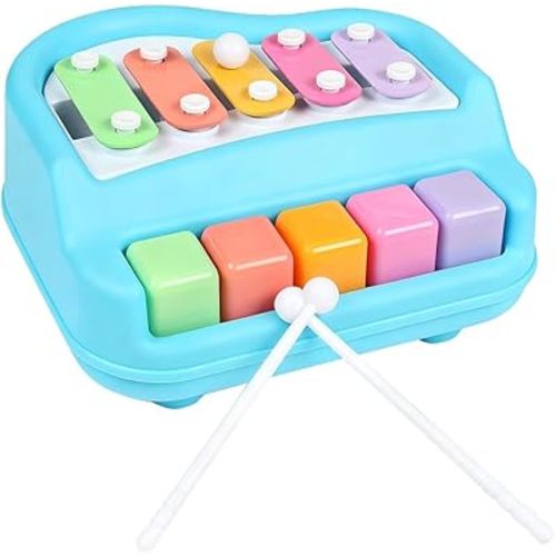 2 in 1 Xylophone for Toddlers, Baby Xylophone Piano Toy with 5 Multicolored Key Scales and Two Mallets for Kids, Educational Musical Learning Instruments Toy for Boys and Girls (Blue)