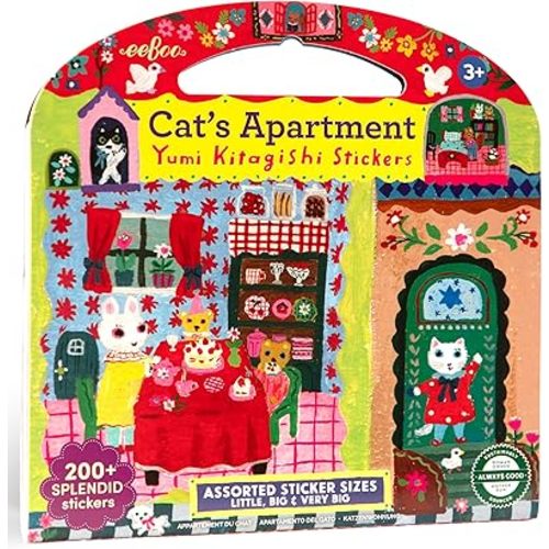 eeBoo Cat's Apartment Sticker Book - 200+ Whimsical Cat Stickers, 3 Sizes, 12 Page Book with Handle, Screen-Free Creative Play, Kids Ages 3+