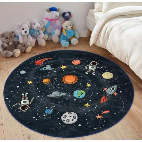 Space Themed Round Rug|Solar System Carpet|Kid's Room Astronomy Carpets|Planet Kinderkarten Non-Slip Rugs|Galaxy Nursery Play Mat