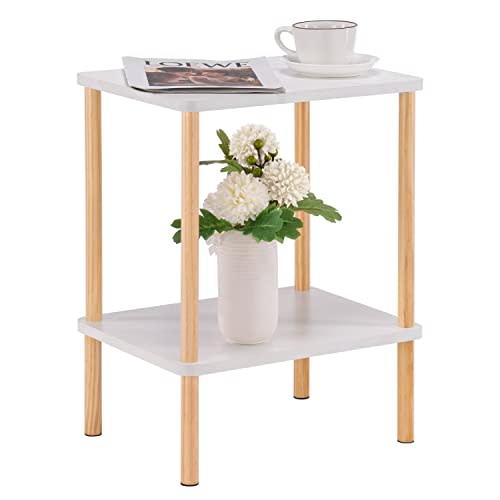 Apicizon 2 Tier End Table, Small Side Table with Solid Wood Legs, Boho Bedside Table with Storage Shelf, Nightstand for Small Spaces, Bedroom, Living Room, Entryway, Easy Assembly, White+Natural