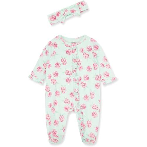 Little Me Clothes for Baby Girls 100% Cotton 2Pc Zipper Closure Footie and Headband Set, Baby Essentials, Preemie to 9 Months