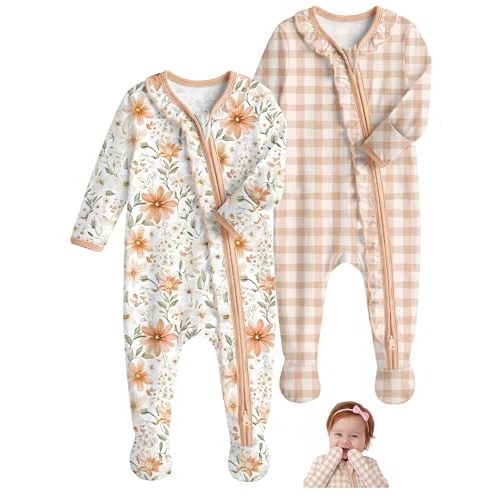 Unnivoll Rayon Made from Bamboo Baby Pajamas Baby Sleepers for Newborn 0-3 3-6 6-9 Months 2Pcs Footie Pjs Baby Girls Clothes