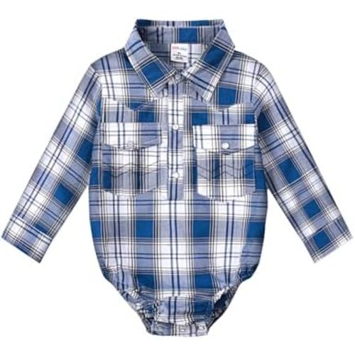 COSLAND Baby Boys' Western Cotton Plaid Bodysuit, Infant Cowboy Jumpsuit, 0-18 Months