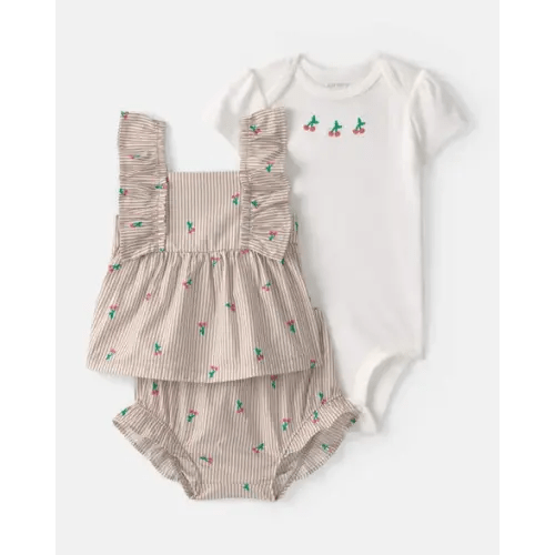 Baby Girl 3-Piece Cherry Striped Outfit Set - Beige/White | Carter's