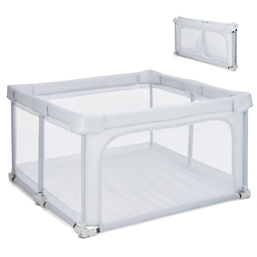 Baby Joy Folding Playpen with Crawling Mat & Pull Ring, Grey - 124x124x70cm