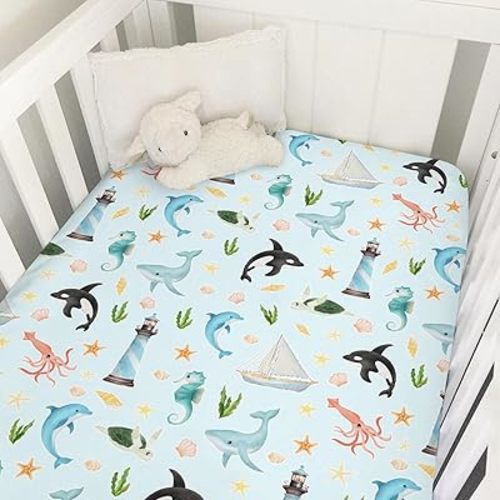 Colorful Sea Animals Baby Crib Sheet 52''x28'' Ocean Whale Dolphin Turtle Shells Coral Lighthouse Ship Stretchy Fitted Crib Mattress Cover for Boy Girl Baby Sheets for Standard Crib Toddler Mattress