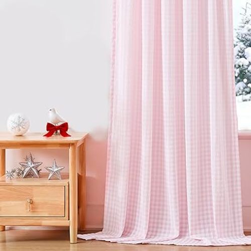 ZJDECOR Short Buffalo Plaid Curtain Panels for Girls Room,Pink White Crinkle Not-See-Through Sheer Drapes 63 Inch,Rustic Living Room Window Treatment,Rod Pocket,Tiebacks Included,52"Wx63"L(Pack of 2)