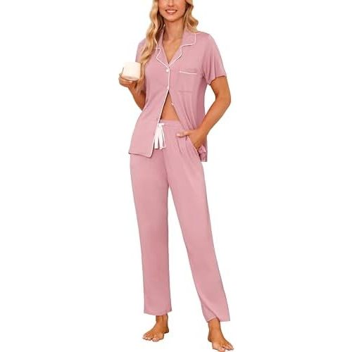 Samring Women Pajamas Sets 2 Piece Short Sleeve Soft Sleepwear Pjs Lounge Set Button Down Nightwear with Long Pants