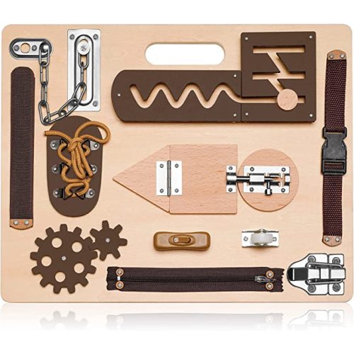 Montessori Busy Board for Toddlers, Wooden Sensory Toys, Preschool Learning Activities for Fine Motor Skills Travel Toy, Basic Life Skills Educational Gifts for 1, 2, 3 Years Old Kids Boys Girls