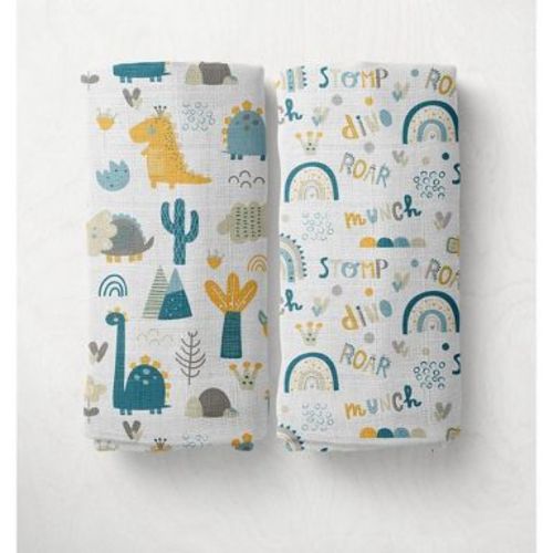 Little Dino Boys Teal/Yellow 2 pack Muslin Swaddling Blankets