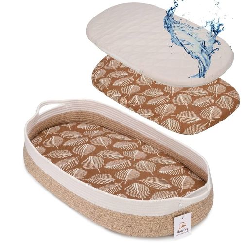 Baby Changing Basket with Water-Resistant Mattress Cover and Neutral Muslin Sheet - Handmade Moses Basket for Babies - Diaper Changing Station - Cotton Rope Basket