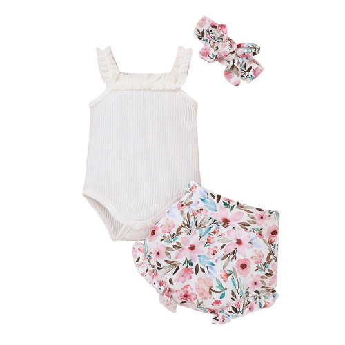 CZHQWE 3-6 Month Girl Clothes Toddler Summer Clothes Baby Girl Clothes Summer Cute Outfits Spaghetti Strap Romper & Floarl Shorts Sets White 0-3 Months