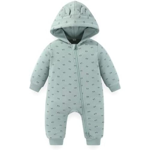 Baby Hooded Fleece Romper Jumpsuit 60% Cotton Blend Soft Breathable Long Sleeve Zipper Clothes for Boys and Girls