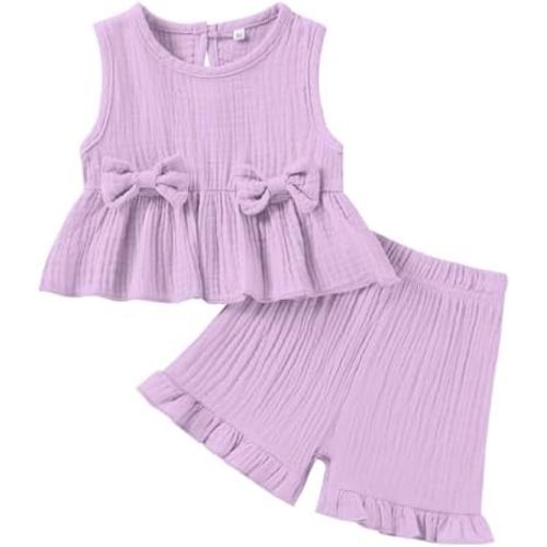 Toddler Baby Girl Clothes Cute Outfits Girls Linen Bow Tank Tops Ruffle Shorts Set Spring Summer Clothes for Kids