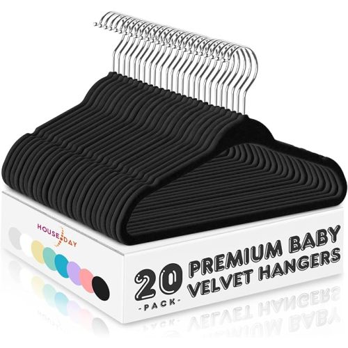 HOUSE DAY 11 Inch Black Velvet Baby Hangers 20 Pack, Premium Kids Hangers for Children, Infant & Toddler Clothes, Durable Non Slip Baby Felt Hanger for Closet, Ideal for Everyday Use