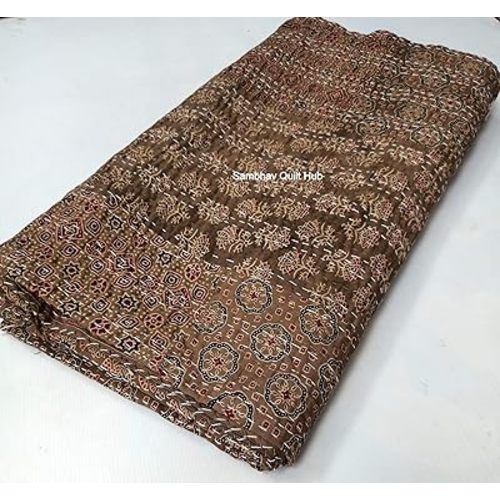 Brown Ajrakh Hippie Queen Kantha Quilt Handmade Bohemain Bedspread King Size Vegetable Dye Kantha Blanket Bedcover Boho Quilting Indigo Print Ajrakh Cotton Quilt 90X108 inch