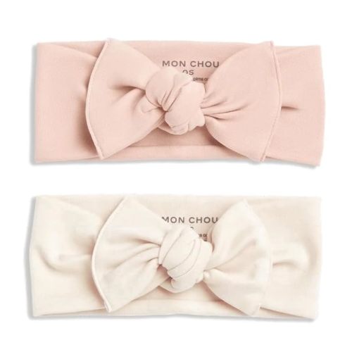 MON CHOU Baby Headbands - Set of 2 Organic Cotton Headbands for Baby Girls - Ultra Soft, 100% Pima Cotton Infant Hair Bows (Ivory & Bloom)