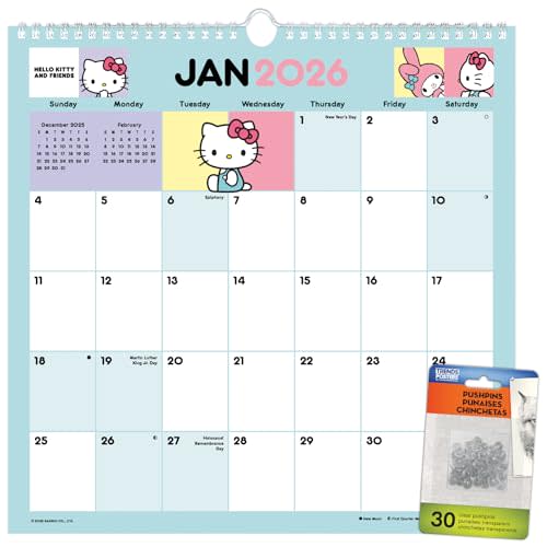 2026 Hello Kitty & Friends Spiral Wall Calendar & Push Pins