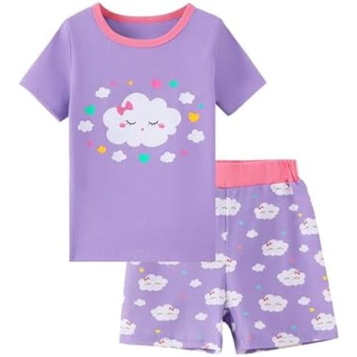 Mikrdoo Girls Pajamas 2-Piece Summer Soft Cotton Short Sleeve Toddler Sleepwear Snug Fit PJs for Kids Size 2-14 Years