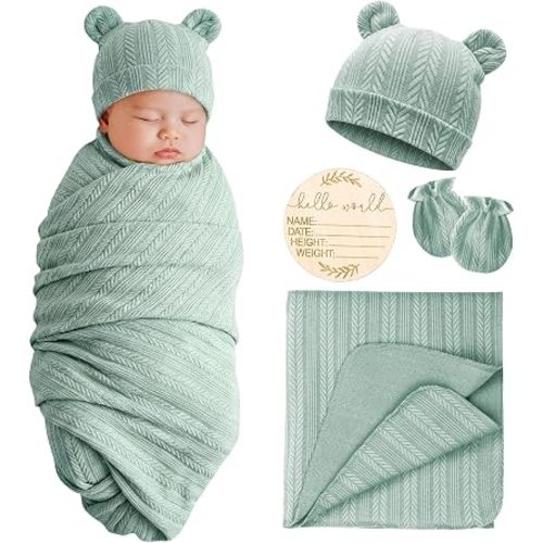 AQOKKA Newborn Receiving Blanket Wheat Ear Bear Ears Hat Mittens Set