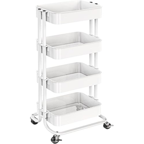 Pipishell 4 Tier Metal Rolling Utility Cart, Heavy-Duty Storage Rolling Cart with 2 Lockable Wheels, Multifunctional Mesh Organization Utility Cart for Kitchen Dining Room Living Room, PIUC13W