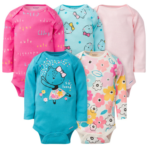Gerber Onesies Brand Baby Girl Long Sleeve Bodysuits, 5 Pack, Sizes 0-3M, 3-6M