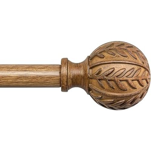 Wood Curtain Rods for Windows 66 to 120 Inch, 1'' Adjustable Decorative Drapery Rods with Imitation Wood Grain Leaf Pattern Finials, Boho Heavy Duty Long Window Curtain Rods Set 36''-120''
