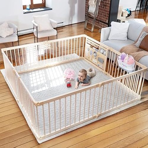 Miotetto Baby Playpen, Wooden Playpen for Babies and Toddlers, Foldable Fence with Montessori Activity Panel, Storage Basket & Gate, Portable, Easy to Assemble Baby Play Pen Natural Wood Playyard