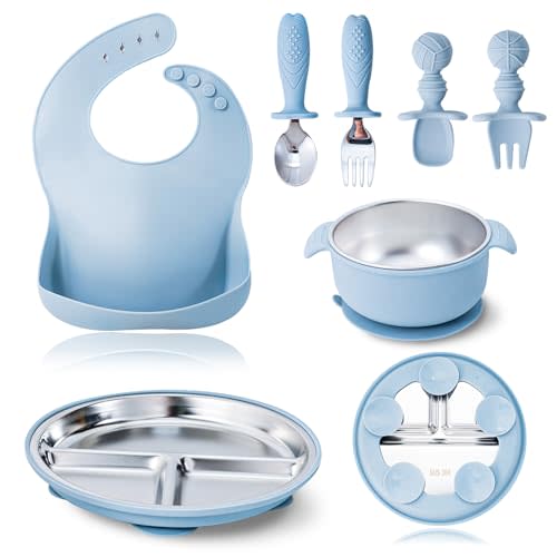 7 Pieces 304 Stainless Steel Baby & Toddler Feeding Set - Suction Divided Plates, Bowls, Silicone & Stainless Spoon Fork,Pocket Bib Unbreakable, Dishwasher Safe Kids Dinnerware Essentials (Blue)
