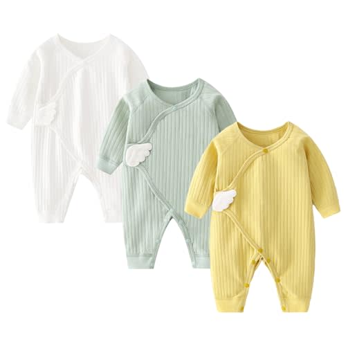 Newborn Baby Romper - Unisex Cotton Bodysuit for Infant Baby Boys Girls 3 Pack Long Sleeve Button Solid Jumpsuits
