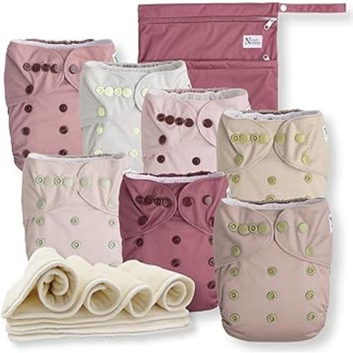 Nora's Nursery Cloth Diapers 7 Pack with 7 Inserts & 1 Wet Bag - Waterproof Cover, Washable, Reusable & One Size Adjustable Pocket Diapers for Newborns and Toddlers - Ballet Slippers
