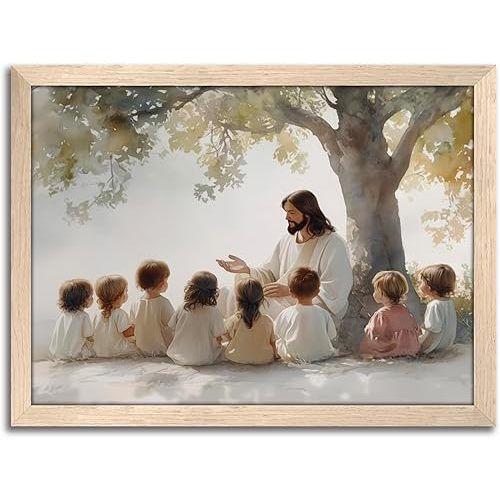 Jesus With Children Wall Art, Christian Jesus Teaching Kids Wall Decor Paintings, Religious Bible Canvas Print Pictures for Nursery Kids Room Prayer Room Home Decor Wood Framed 8x10 Inch