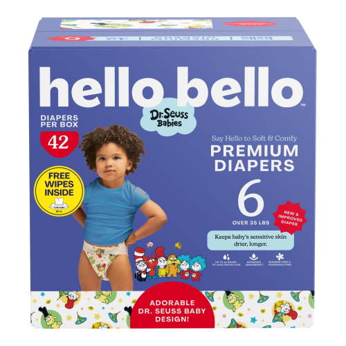 Hello Bello Premium Dr. Seuss Babies Diapers Club Box with Bonus Wipes - Size 6, 42 Count