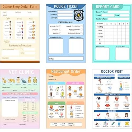 4x6 Inch Kids Pretend Play Notepads Imaginative Role Play Bundle Police Role Play Notepad Restaurant Role Play Pad Coffee Shop Role Play Pad for Toddlers Role Restaurant Policeman Play 60 Pcs