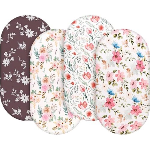 4 Pack Baby Girl Bassinet Sheets Set Soft Fitted Floral or Elephant Theme Baby Girl Mattress Covers Breathable Toddler Bed Sheets for Infant or Newborn Girls (Flower, Bassinet Sheets)