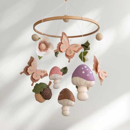 Woodland Baby Mobile Mushroom & Buterflies: Garden Nursery Girl Crib Decor