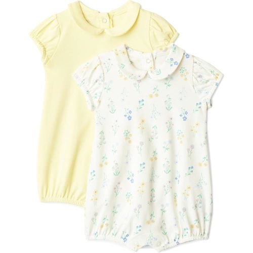 Amazon Essentials x Sofia Grainge Baby Girls' Cotton Short Sleeve Romper with Peter Pan Collar, Pack of 2, Light Yellow/Bouquets, 6-9 Months