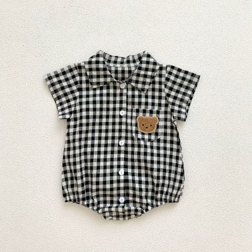 MyKids-USA Summer Arrival Baby Boys Plaid and Teddy Bear Pattern Short Sleeves Onesies with Turn-down Collar