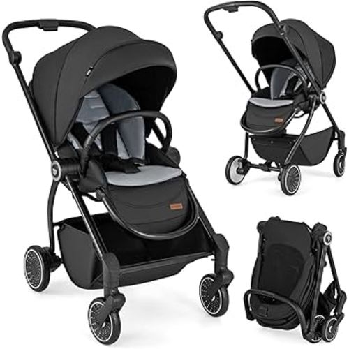 BABY JOY Baby Stroller, Foldable Toddler Stroller with Reversible Seat, Adjustable Backrest/Canopy/Handle/Footrest, Storage Basket, Suspension Wheels, Aluminum Frame (Black)