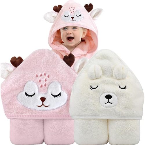 Hooded Baby Towel, Baby Towels Newborn, Baby Bath Towel with Hood, Baby Bath Towels Wrap, Blanket for Baby, Baby Beach Towel, Hooded Bath Towels for Boy and Girl, Newborn,31.5"×31.5" (White +Pink)