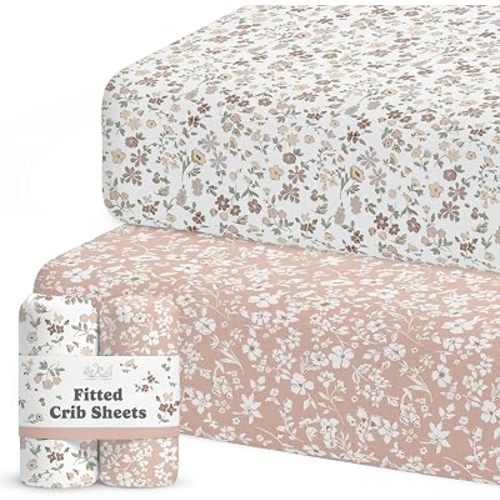 Sorrel + Fern Baby Crib Sheets Neutral, Fitted 2-Pack (Fleurette)
