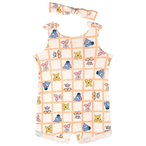 Disney Winnie the Pooh Baby Girls' Sleeveless Romper Pajama and Headband Set Peach Checkerboard Winnie the Pooh and Friends