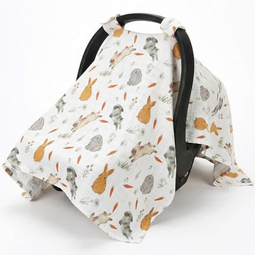 Metplus Car Seat Cover Baby, 100% Muslin Cotton Infant Carseat Covers, Lightweight Breathable Canopy, Summer Stroller Sun Shade, Newborn Travel Essentials(Rabbit)