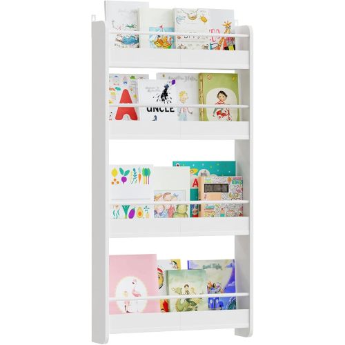 Kids Bookshelf, 4-Tier Wall Mount Bookshelf for Kids, Wooden Nursery Bookshelves, Hanging Book Shelf for Kids Room, Playroom, Bedroom, Living Room, White BKBW7601