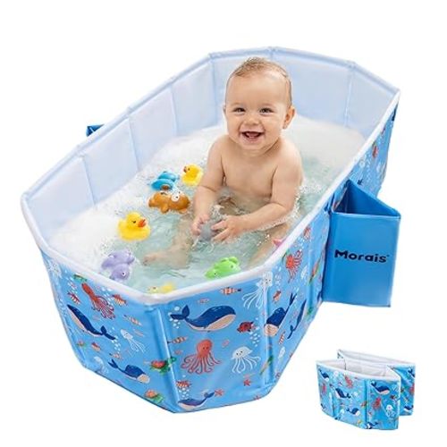MORAIS Toddler Bathtub Collapsible & Portable, Foldable Baby Bath Tub for Shower & Travel, Dual Drain Plug with Thick Padded Bottom, Easy to Clean, Space-Saving Tub, 12 Months+