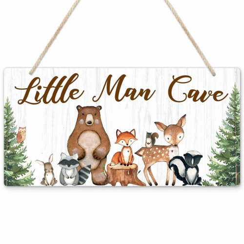 Uflashmi Wood Liitle Man Cave Sign, Woodland Animal Nursery Wall Decor for Baby Boys Room, Woodland Theme Nursey Room Decor for Toddler Boy, 12”x6”