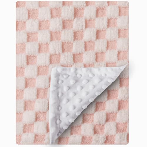 Soft Black and White Checkered Baby Blankets for Unisex Girls or Boys Breathable Gender Neutral Nursery Double Layer Blankets with Dotted Backing for Newborn Toddlers (Pink and White)
